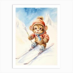 Monkey Painting Skiing Watercolour 1 Art Print