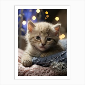 Cute Kitten With Christmas Lights Art Print