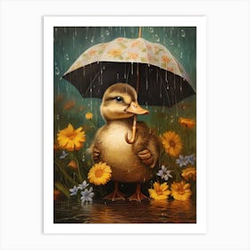 Duck With An Umbrella & Flowers Painting 2 Art Print