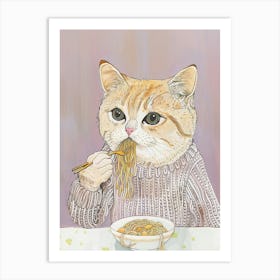 White And Tan Cat Pasta Lover Folk Illustration 3 Art Print