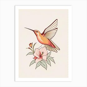 Hummingbird And Flowers Retro Minimal 1 Art Print