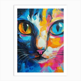 Oil Cat Portrait Painting In Multicolored Tones Art Print