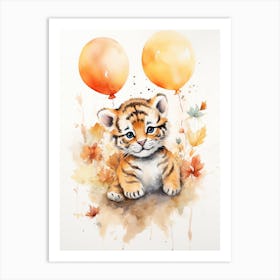 Tiger Flying With Autumn Fall Pumpkins And Balloons Watercolour Nursery 2 Art Print