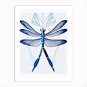 Dragonfly Symbol Blue And White Line Drawing Art Print