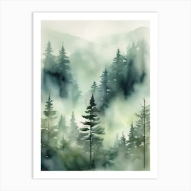 Appalachian Mountains of Misty Pines Watercolor Print of Evergreen Forest..150 Art Print