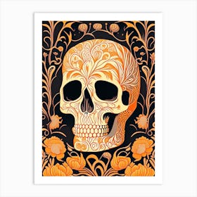 Skull With Floral Patterns 2 Orange Line Drawing Art Print