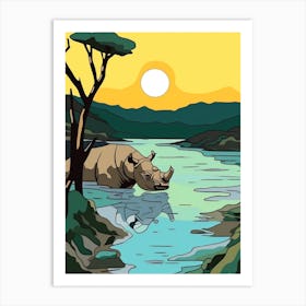 Rhino Bathing In The River Simple Illustration 3 Art Print