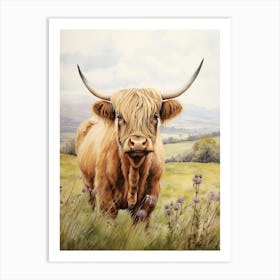 Highland Cow With Rolling Hills Watercolour 4 Art Print