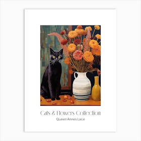 Cats & Flowers Collection Queen Annes Lace Flower Vase And A Cat, A Painting In The Style Of Matisse 3 Art Print