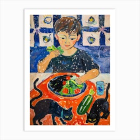 Portrait Of A Boy With Cats Eating A Salad 1 Art Print