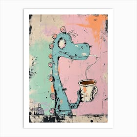 Dinosaur Drinking Coffee Pastel Pink Graffiti Brushstroke 3 Art Print