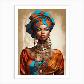 Beautiful And Sexy Black Woman In Blue and Orange with Gold Accessories Illustration 6 Art Print