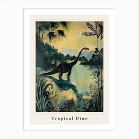 Dinosaur With Tropical Leaves Silhouette Painting Poster Art Print