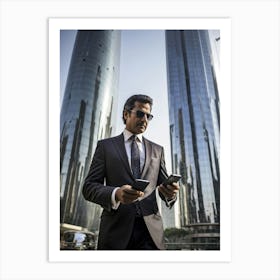 Businessman Engrossed In Galloping Through A Bustling Cityscape Taps Away On His Sleek Smartphone (4) Art Print