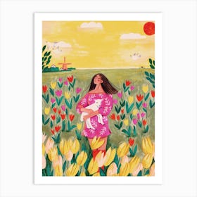 Woman in Tulips Field Art Print