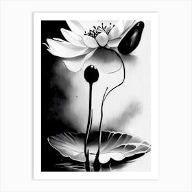Lotus And Butterfly 1 Symbol Black And White Painting Art Print