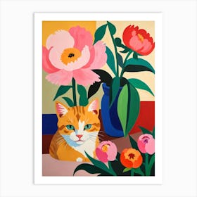 Peonies And Cat Art Print