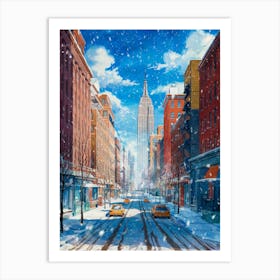 Anime Canvas Art: Snowy New York Cityscape with Empire State Building and Falling Snow, Perfect for Lofi Urban Winter Aesthetic Lovers. Art Print