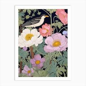 Japanese Anenome And Bird 2 Vintage Japanese Botanical Art Print