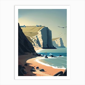 White Cliffs of Dover, England - Retro Landscape Beach and Coastal Theme Travel Poster Art Print
