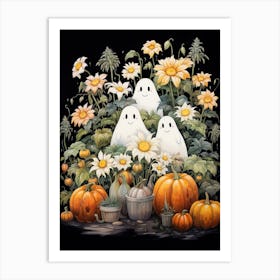 Cute Bedsheet Ghost, Botanical Halloween Watercolour 4 Art Print