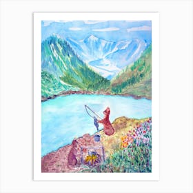 Cats Have Fun Fishing On A Lake In The Mountains Art Print