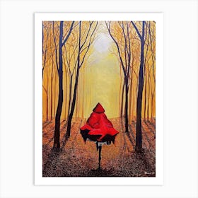 Woman In Red Cape Running Into Woods Golden Sky Art Print