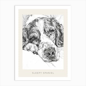Detailed Sleepy Spaniel Dog Black & White Poster Art Print
