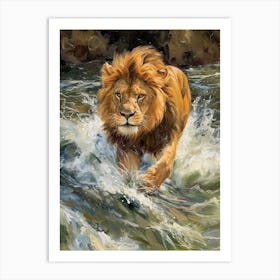 Barbary Lion Crossing A River Acrylic Painting 4 Art Print