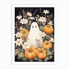 Cute Bedsheet Ghost, Botanical Halloween Watercolour 64 Art Print