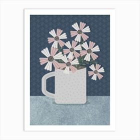 Flowers Mug Drawing Blue Background Pattern Nature Art Print