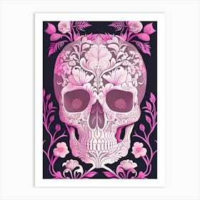 Skull With Floral Patterns Pink Line Drawing Art Print