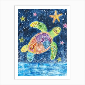 Sea Turtle At Night Crayon Drawing 3 Art Print