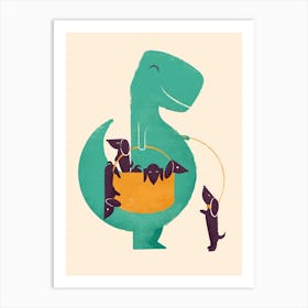 T-Rex and his Basketful of Weiner Dogs Art Print