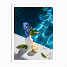 Still Life Composition Of A Vibrant Blue Blossom Symbolizing Relaxation And Beauty Nestled On Fres (1) Art Print