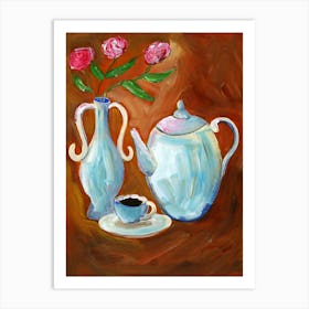 Teatime - vertical still life white orange brown tea coffee cafe Anton Maliar kitchen painting Art Print