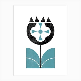 Minimalist Nordic Flower 3 - Blue Black Art Print