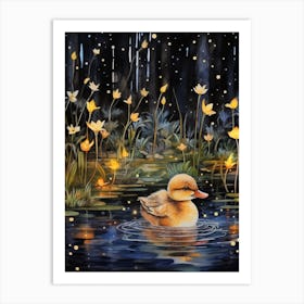 Mixed Media Duckling With Fireflies 1 Art Print