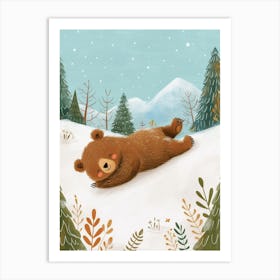 Brown Bear Cub Sliding Down A Snowy Hill Storybook Illustration 1 Art Print