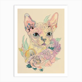 Cute Devon Rex Cat With Flowers Illustration 3 Art Print