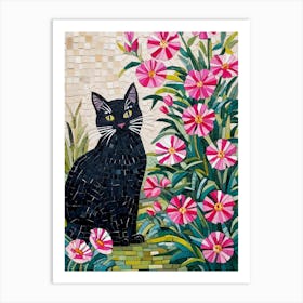 Black Cat With Pink Flowers Art Print