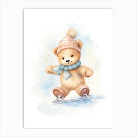 Ice Skating Teddy Bear Painting Watercolour 1 Art Print