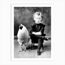 Boy And A Chicken, Boy Smoking Cigarette, Funny Vintage Black and White Old Photo Art Print