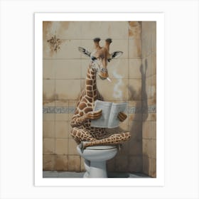 Giraffe Reading in Bathroom Art Print