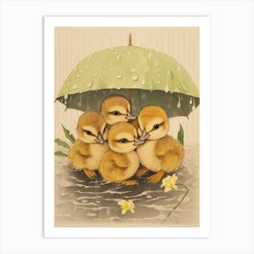 Ducklings In The Rain Japanese Woodblock Style 2 Art Print