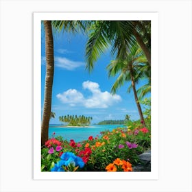 Tropical Beach With Palm Trees And Flowers Art Print