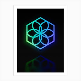 Neon Blue and Green Abstract Geometric Glyph on Black n.0110 Art Print