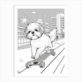 Shih Tzu Dog Skateboarding Line Art 2 Art Print