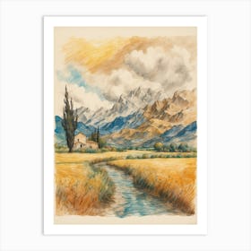 Landscape With Stream And Mountains Art Print