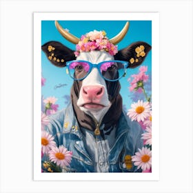Funny Cow Wearing Cool Jackets And Glasses Art Print